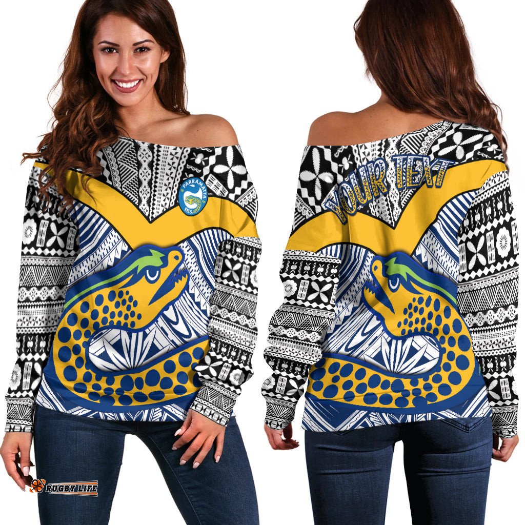 Custom Personalised Eels Rugby Off Shoulder Sweater Polynesian Tapa Pattern Premiers