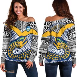Custom Personalised Eels Rugby Off Shoulder Sweater Polynesian Tapa Pattern Premiers