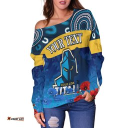 Custom Personalised Titans Anzac Women Off Shoulder Sweater Gold Coast Aboriginal Lest We Forget