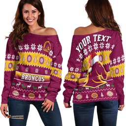 Custom Personalised Broncos Christmas Off Shoulder Sweater Brisbane Aboriginal Art Merry Xmas