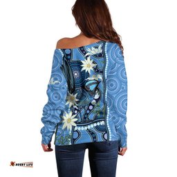Australia Flannel Flower With Superb Fairy wren Off Shoulder Sweater Aboriginal Art