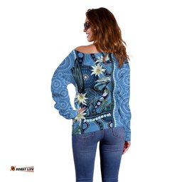 Australia Flannel Flower With Superb Fairy wren Off Shoulder Sweater Aboriginal Art