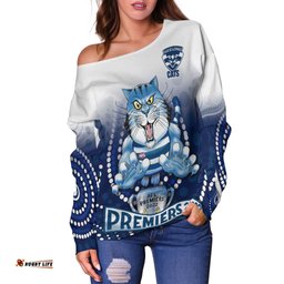 Custom Personalised Cats Football Off Shoulder Sweater Aboriginal Australian Premiers Proud Geelong Cartoon