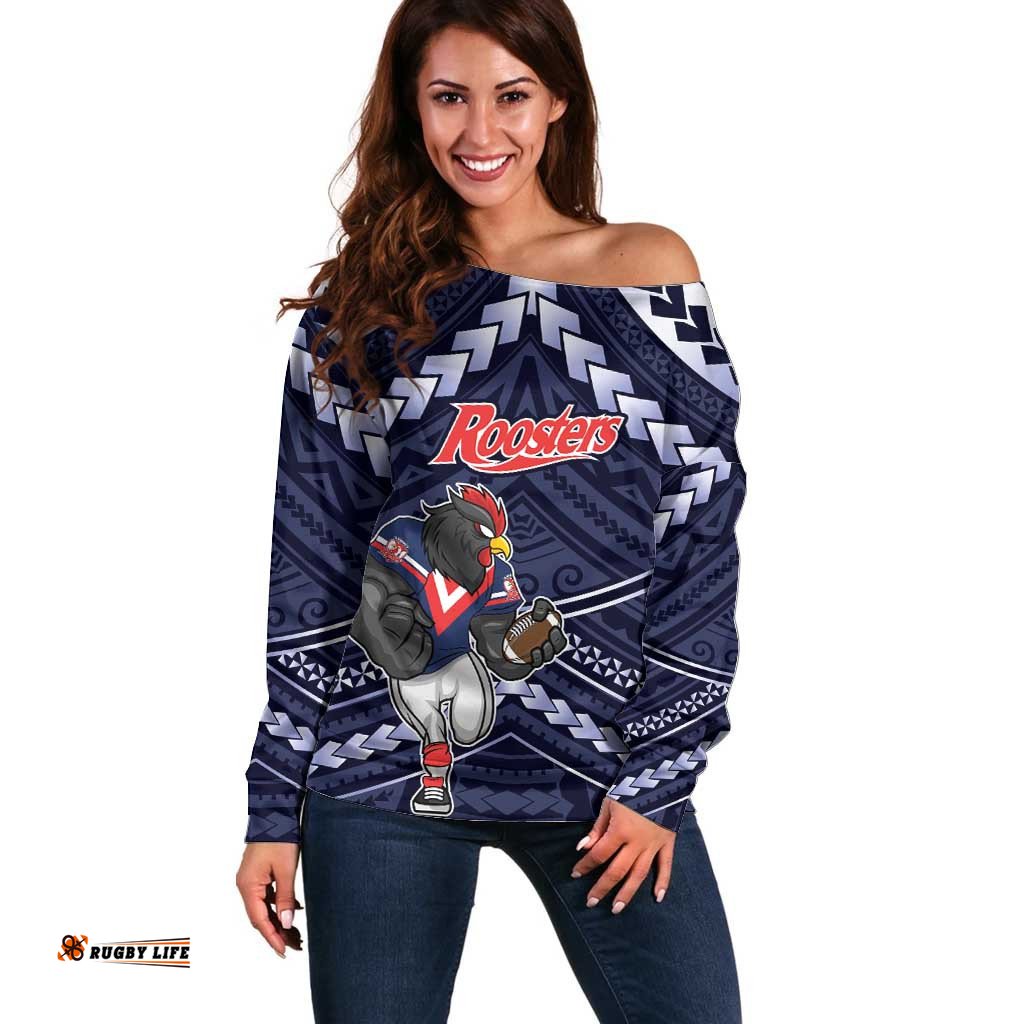 Custom Roosters Rugby Polynesian Tribal Off Shoulder Sweater