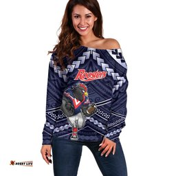 Custom Roosters Rugby Polynesian Tribal Off Shoulder Sweater
