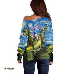 Personalised Jumping Kakapo Christmas Off Shoulder Sweater New Zealand Fern Starry Night Style