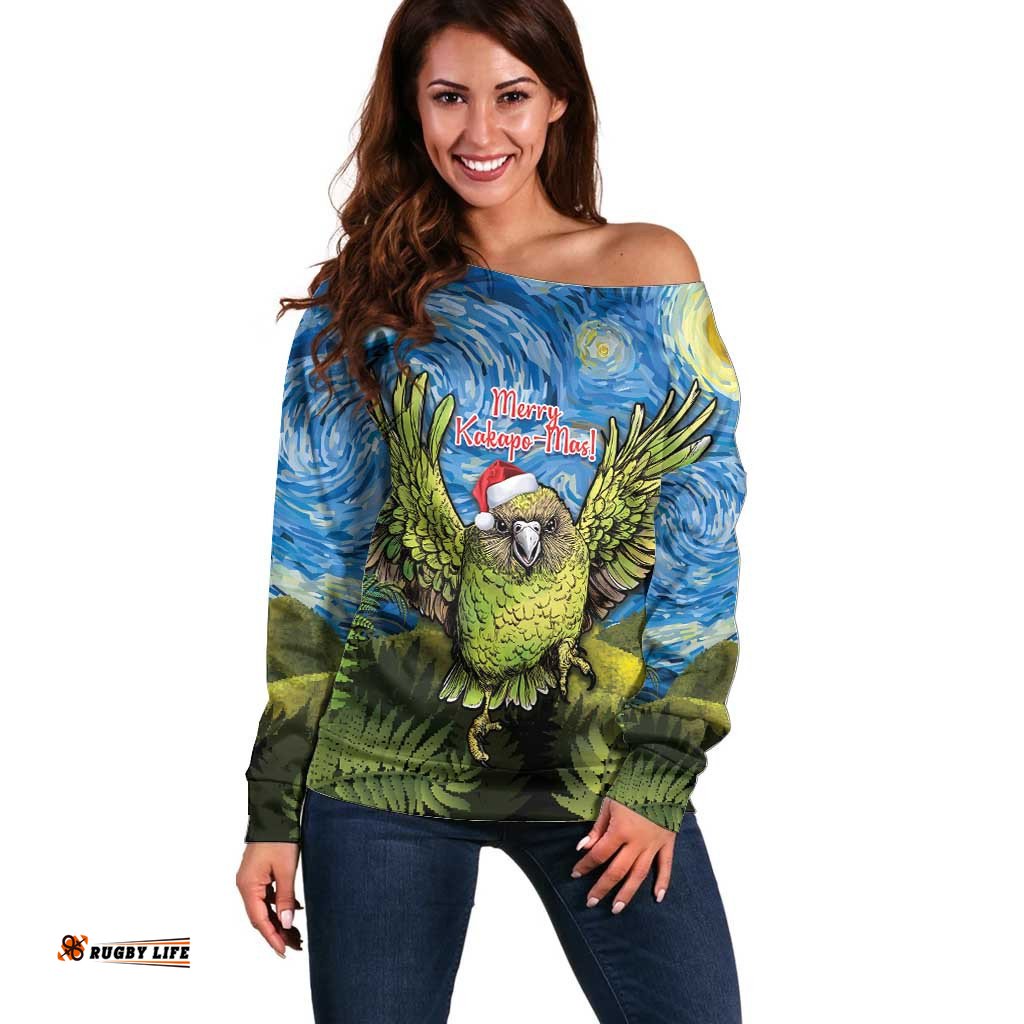 Personalised Jumping Kakapo Christmas Off Shoulder Sweater New Zealand Fern Starry Night Style