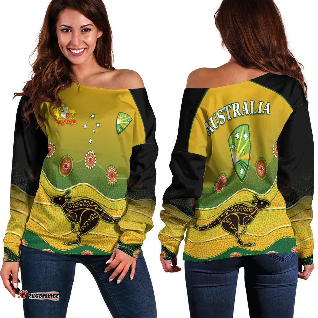Custom Personalised Cricket Australia Off Shoulder Sweater Indigenous Kangaroo
