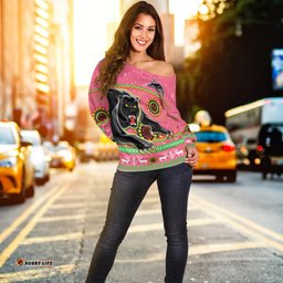 Custom Personalised Panthers Christmas Off Shoulder Sweater Aboriginal Pattern Penrith Pink Version