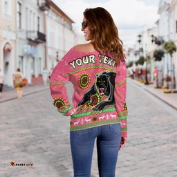 Custom Personalised Panthers Christmas Off Shoulder Sweater Aboriginal Pattern Penrith Pink Version