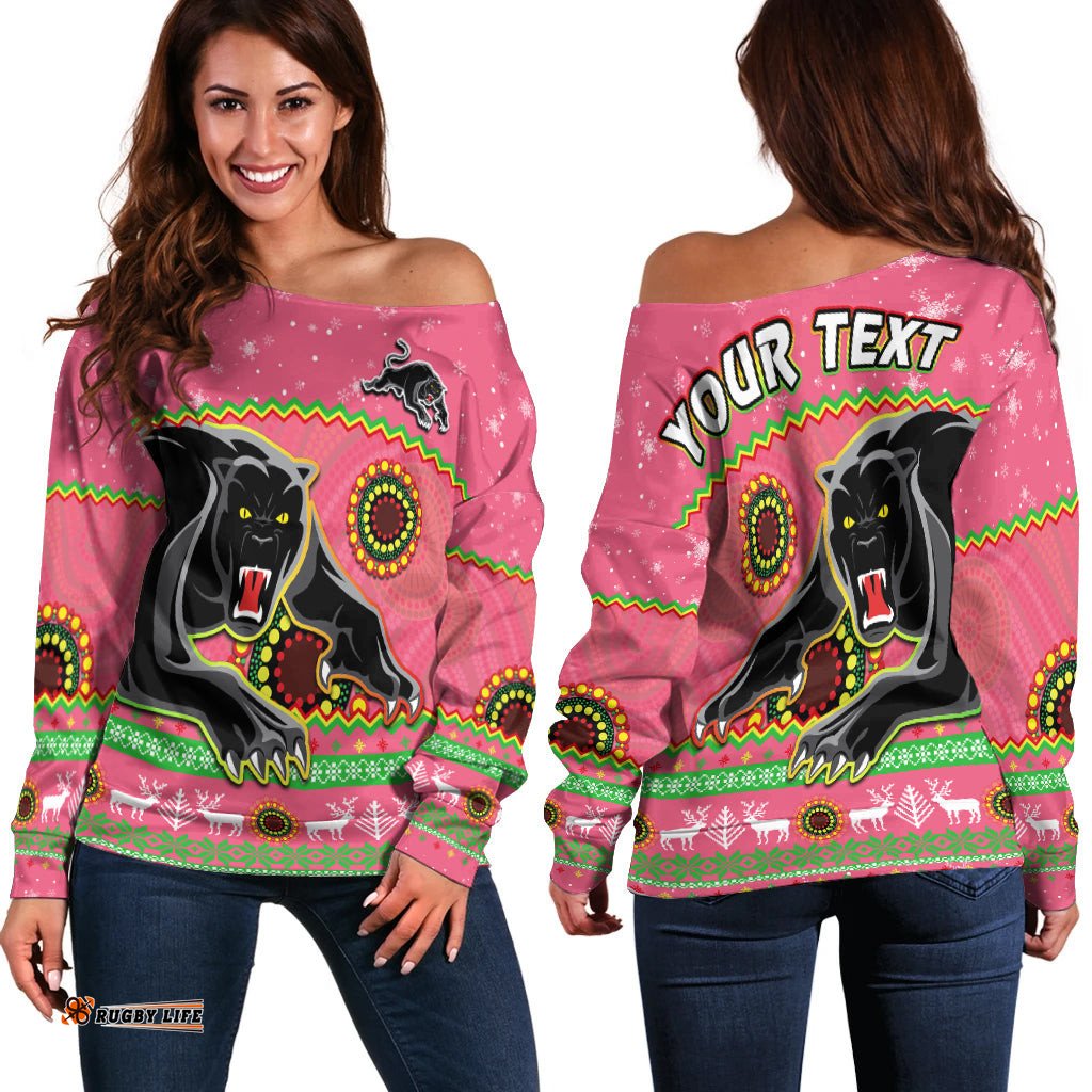 Custom Personalised Panthers Christmas Off Shoulder Sweater Aboriginal Pattern Penrith Pink Version