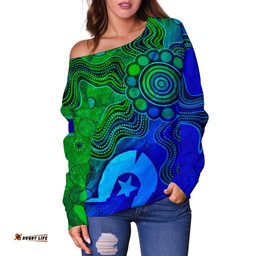 Aboriginal Women's Off Shoulder Sweater , Torres Strait Islands Flag