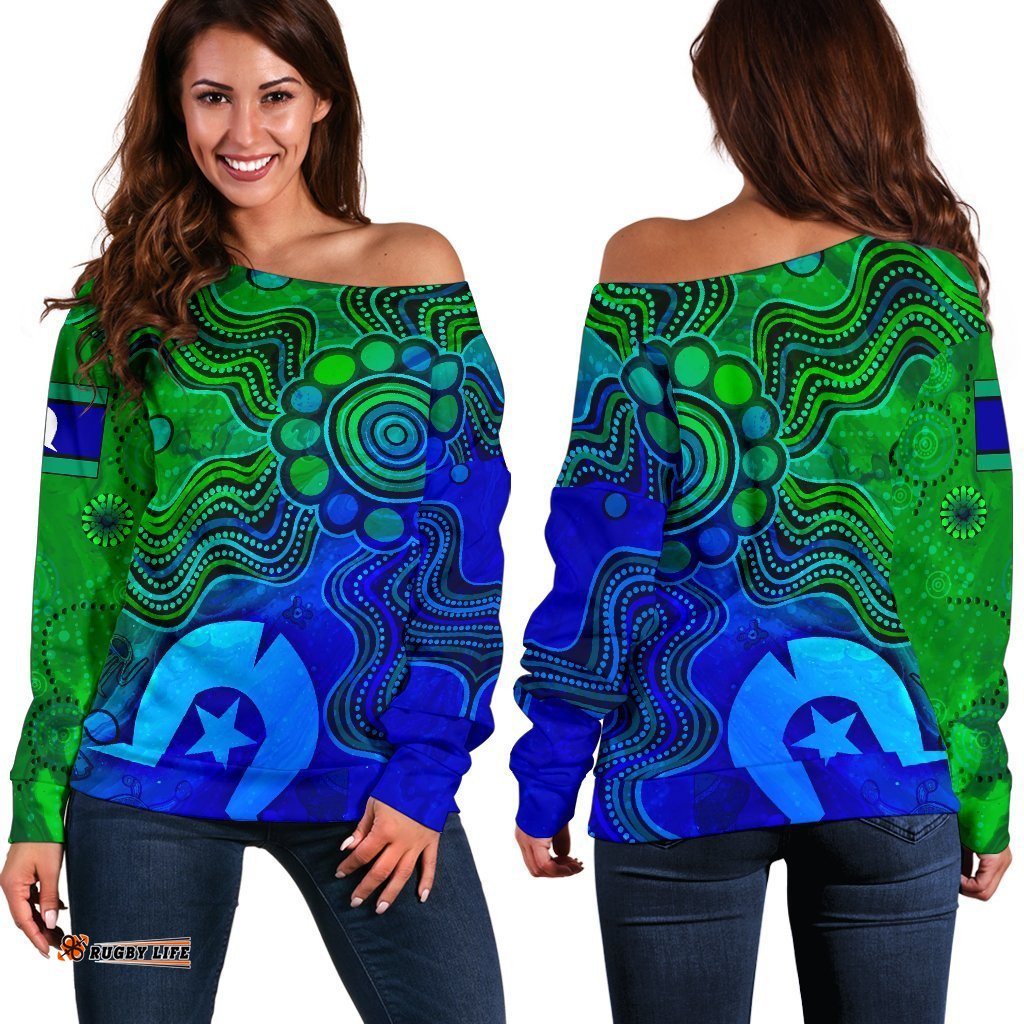 Aboriginal Women's Off Shoulder Sweater , Torres Strait Islands Flag