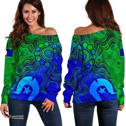 Aboriginal Women's Off Shoulder Sweater , Torres Strait Islands Flag