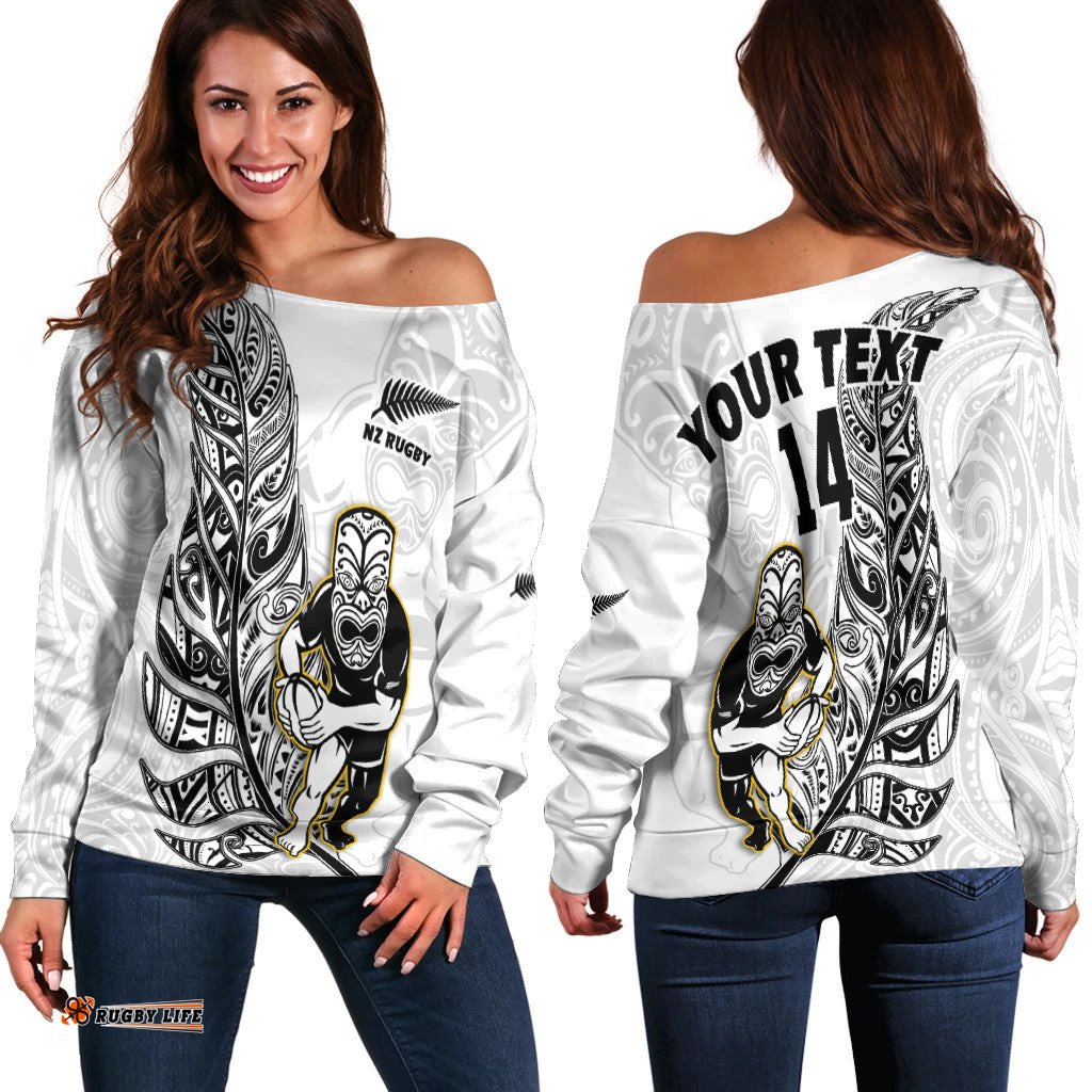 Custom Text And Number New Zealand Silver Fern Rugby Off Shoulder Sweater All Black Maori Version White