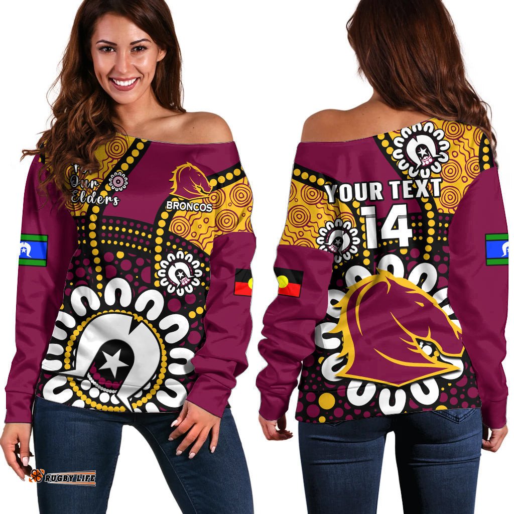 Custom Text And Number Brisbane Broncos Rugby NAIDOC Off Shoulder Sweater For Our Elders Aboriginal
