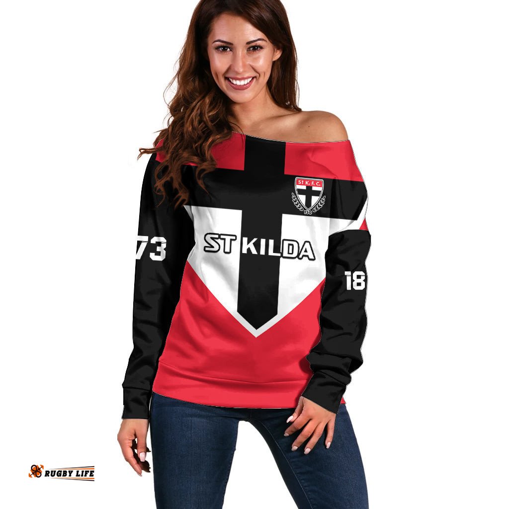 Personalised St Kilda Football Off Shoulder Sweater Saints 150th Anniversary Sporty Style