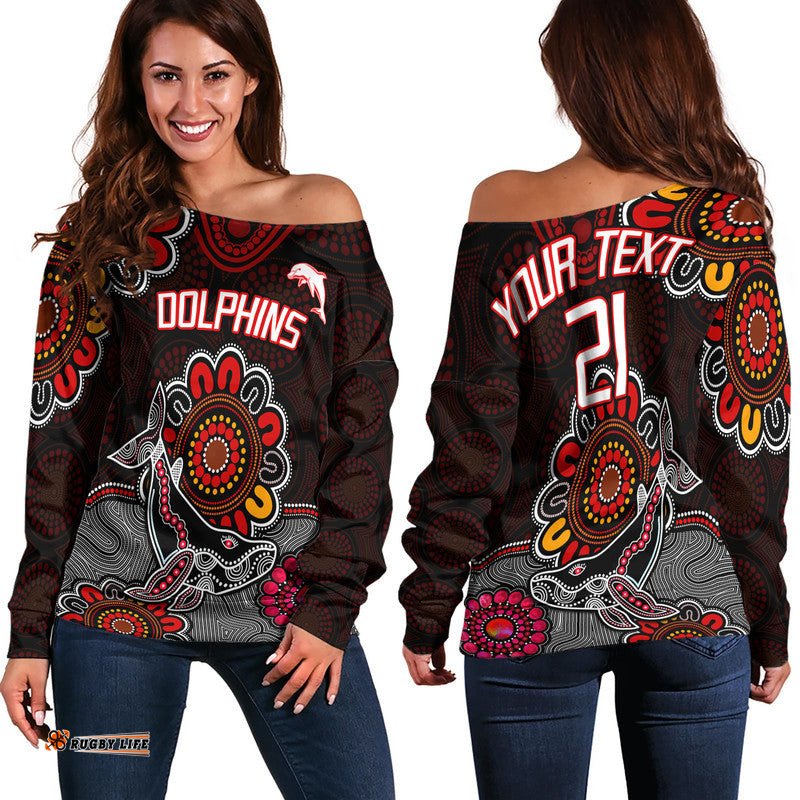 Custom Personalised Dolphins Rugby Women Off Shoulder Sweater Indigenous Circles and Waves Black