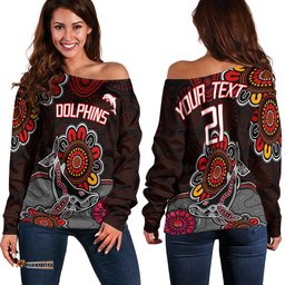 Custom Personalised Dolphins Rugby Women Off Shoulder Sweater Indigenous Circles and Waves Black