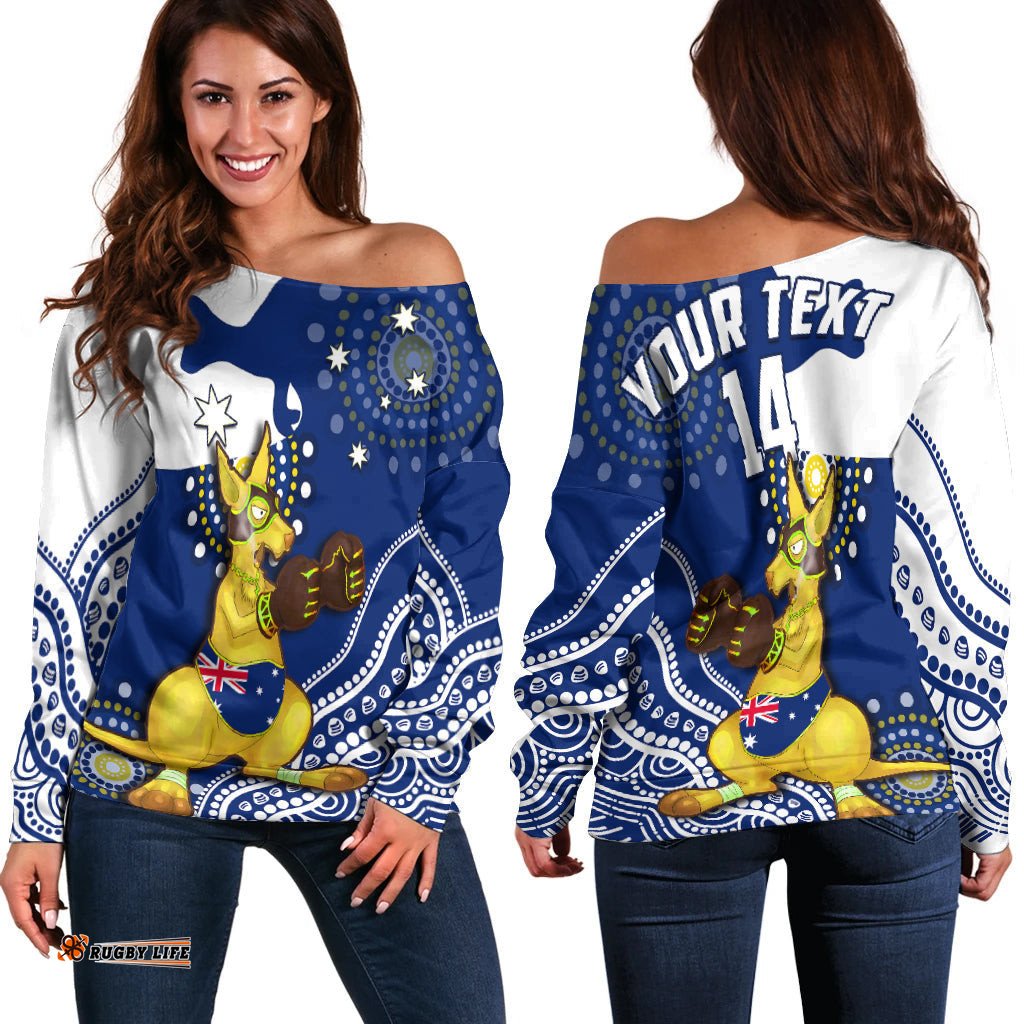 Custom Text And Number Australia Off Shoulder Sweater Boxing Kangaroo Indigenous Flag Color Art