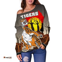 Custom Personalised Wests Tigers Women's Off Shoulder Sweater Version Aboriginal Art