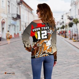 Custom Personalised Wests Tigers Women's Off Shoulder Sweater Version Aboriginal Art
