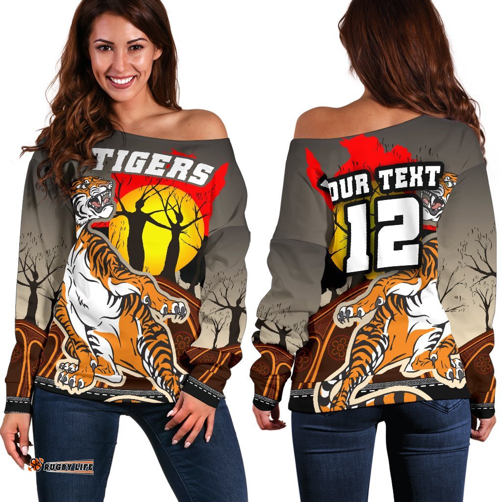 Custom Personalised Wests Tigers Women's Off Shoulder Sweater Version Aboriginal Art