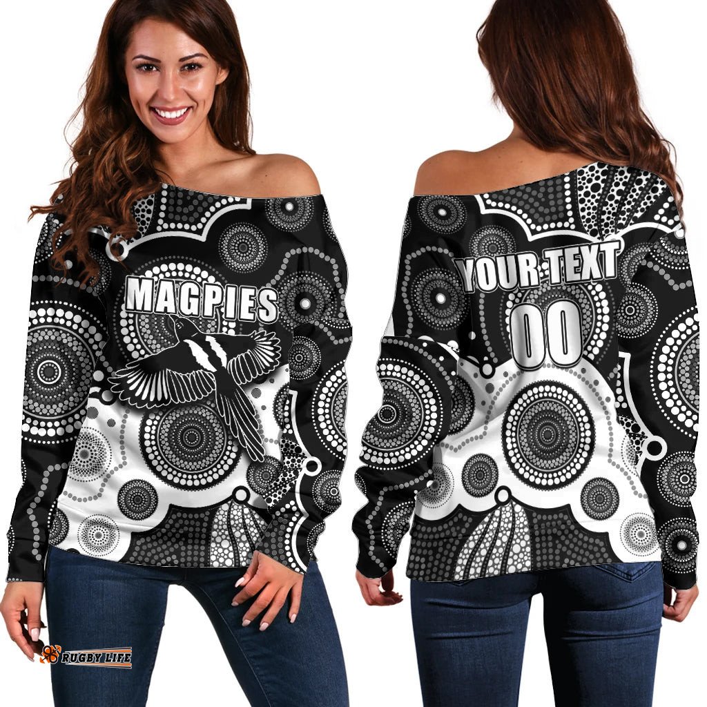 Custom Personalised And Number Magpies AFL Off Shoulder Sweater Aboriginal Patterns 05