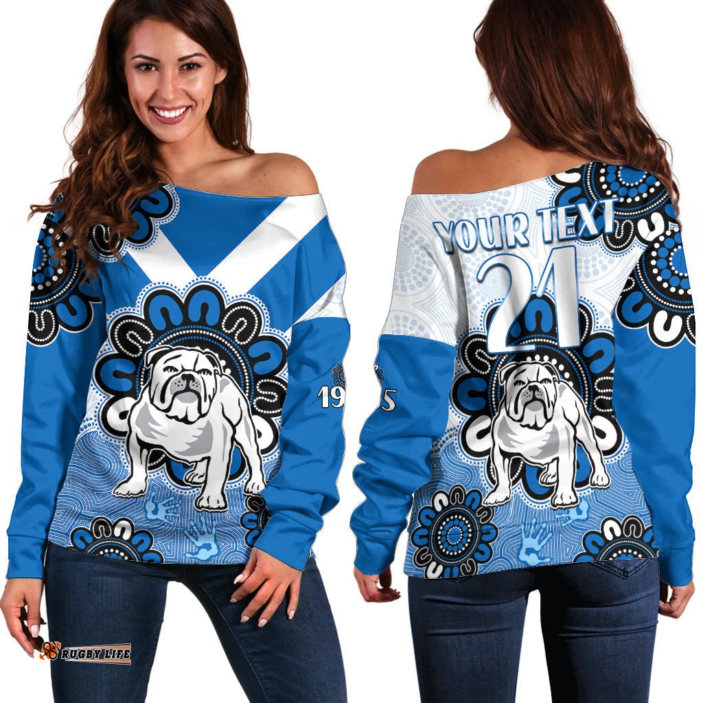 Custom Personalised NRL Canterbury Bankstown Bulldogs Rugby Berries 1935 Aboriginal Off Shoulder Sweater