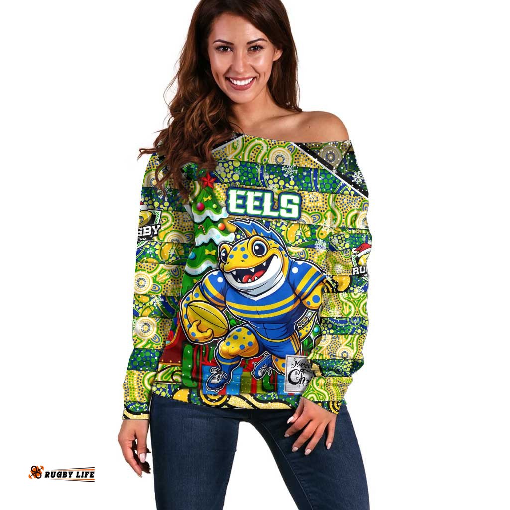 Custom Eels Rugby Merry Christmas Off Shoulder Sweater Indigenous Australian Art