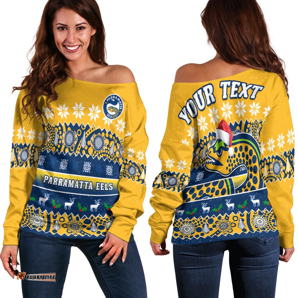 Custom Personalised Parramatta Eels Christmas Off Shoulder Sweater Parra Aboriginal Art Merry Xmas