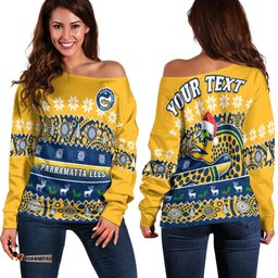 Custom Personalised Parramatta Eels Christmas Off Shoulder Sweater Parra Aboriginal Art Merry Xmas