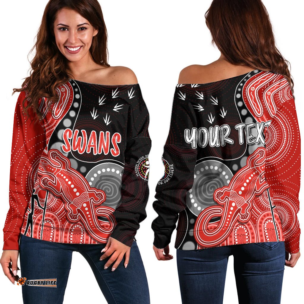 Personalised NAIDOC Week AFL Swans Off Shoulder Sweater Aboriginal Dot Art Lizard Mix Boomerang