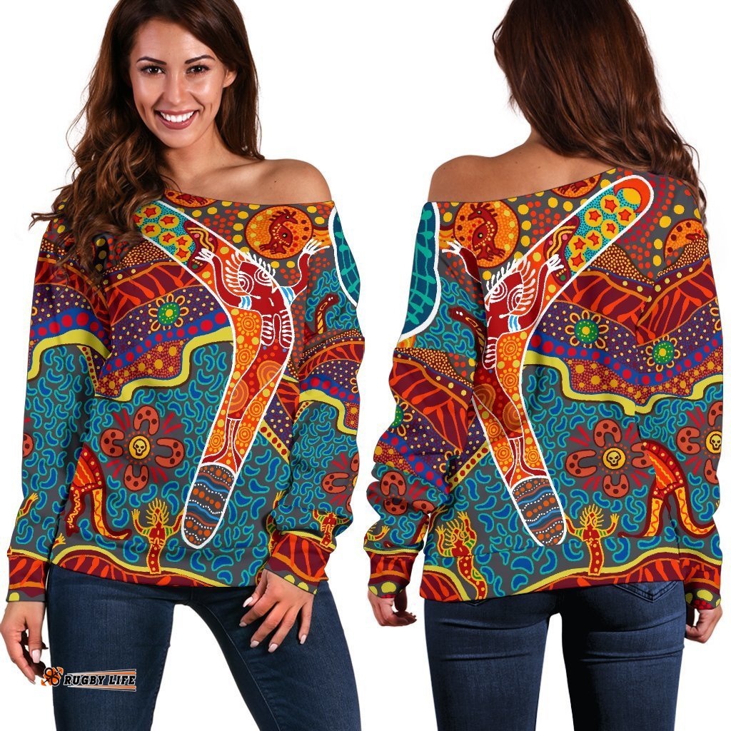 Aboriginal Women's Off Shoulder Sweater Indigenous Boomerang