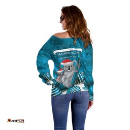 Australia Christmas In July Off Shoulder Sweater Mommy and Baby Koala Santa Blue
