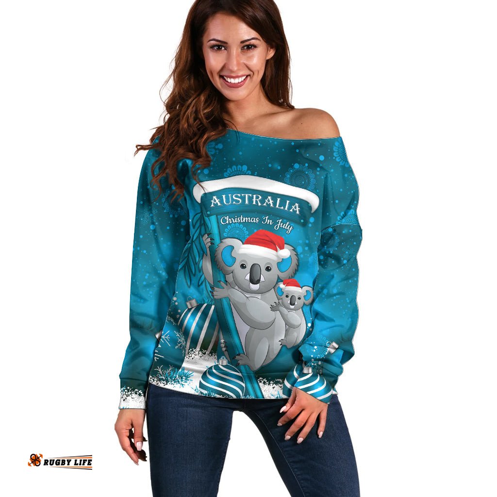 Australia Christmas In July Off Shoulder Sweater Mommy and Baby Koala Santa Blue