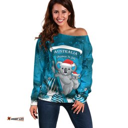 Australia Christmas In July Off Shoulder Sweater Mommy and Baby Koala Santa Blue