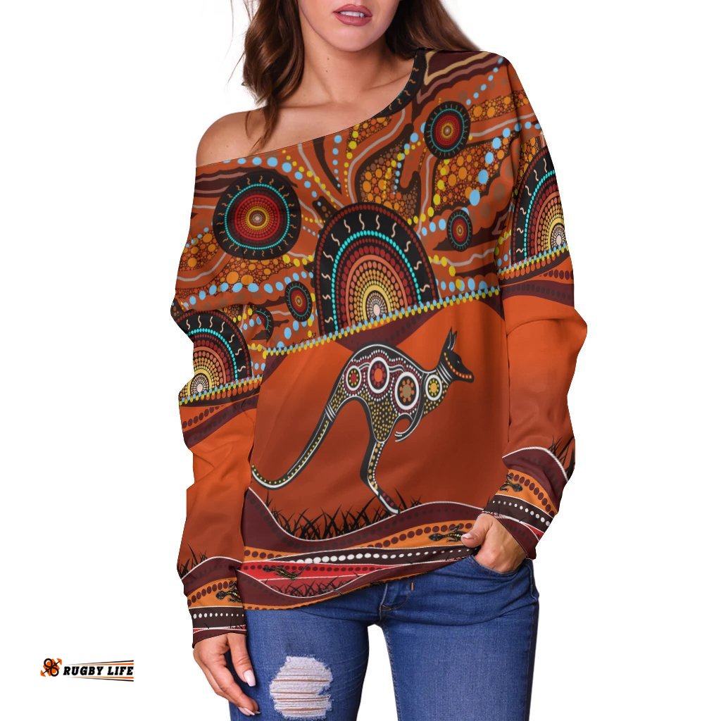 Aboriginal Off Shoulder Sweater Kangaroo With Dot Painting