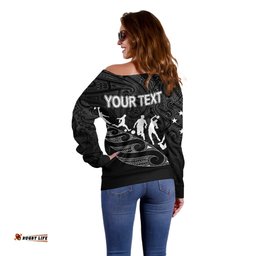 Personalised New Zealand Football Ferns Off Shoulder Sweater Women World Cup Tribal Koru Pattern