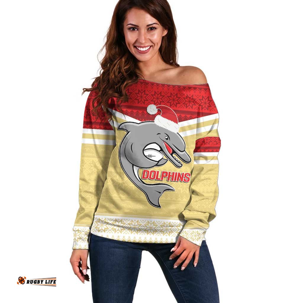NRL Dolphins Mascot Christmas Personalised Off Shoulder Sweater God Style
