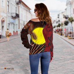 Aboriginal Women's Off Shoulder Sweater Indigenous Snake Sun Dot Painting