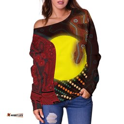 Aboriginal Women's Off Shoulder Sweater Indigenous Snake Sun Dot Painting