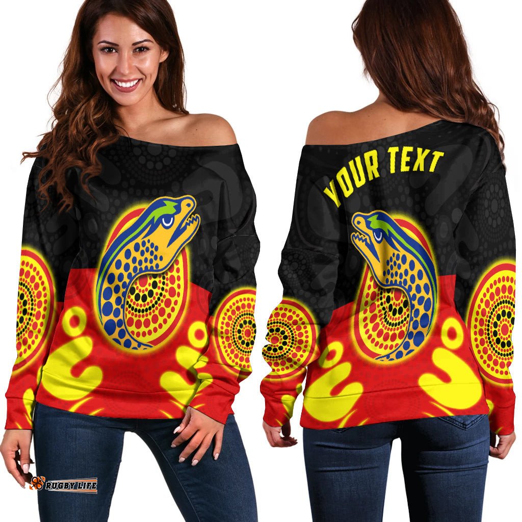 Custom Personalised Eels Indigenous Off Shoulder Sweater Style Aboriginal Flag