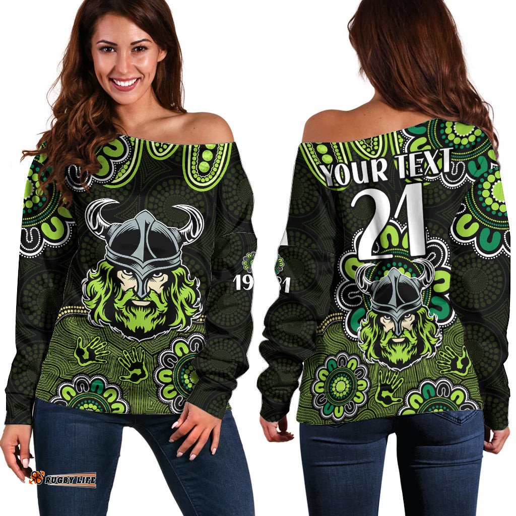 Custom Personalised NRL Canberra Raiders Rugby 1981 Aboriginal Off Shoulder Sweater