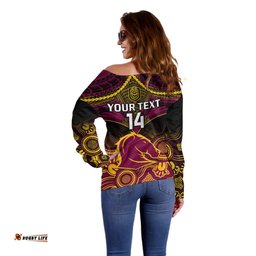 Personalised Brisbane Rugby Off Shoulder Sweater Brisbane 1987 Aboriginal Mix Polynesian Pattern