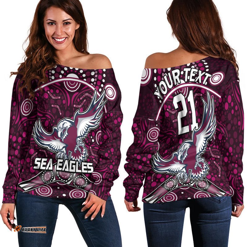 Custom Personalised Sea Eagles Rugby Women Off Shoulder Sweater Boomerang Indigenous Dots