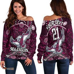 Custom Personalised Sea Eagles Rugby Women Off Shoulder Sweater Boomerang Indigenous Dots
