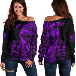 Custom Personalised New Zealand Haka Rugby Maori Women Off Shoulder Sweater Silver Fern Vibes Purple