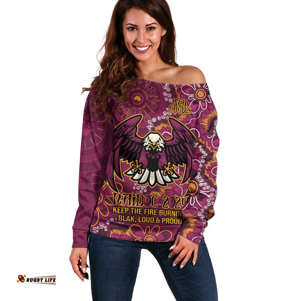 Personalised Sea Eagles NAIDOC Week 2024 Off Shoulder Sweater Aboriginal Fire Burning Sparks