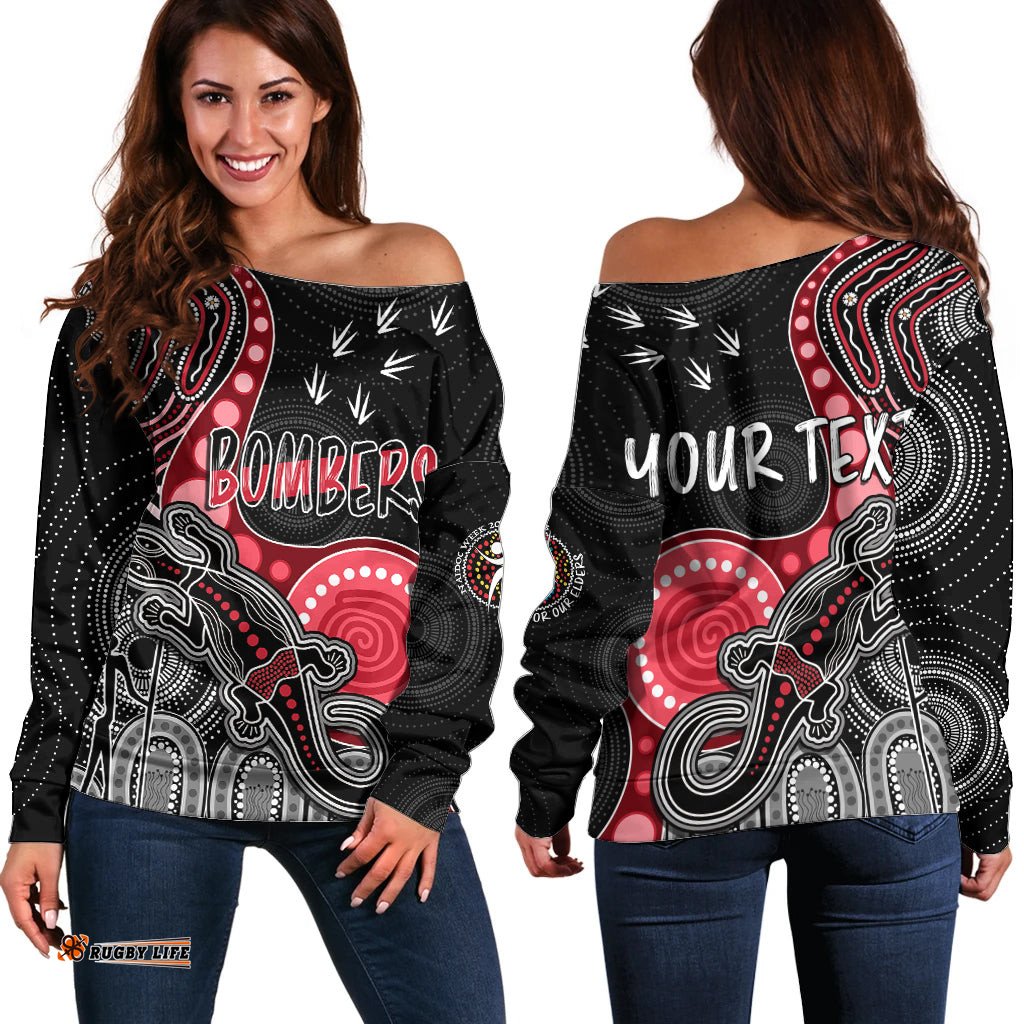 Personalised NAIDOC Week AFL Bombers Off Shoulder Sweater Aboriginal Dot Art Lizard Mix Boomerang